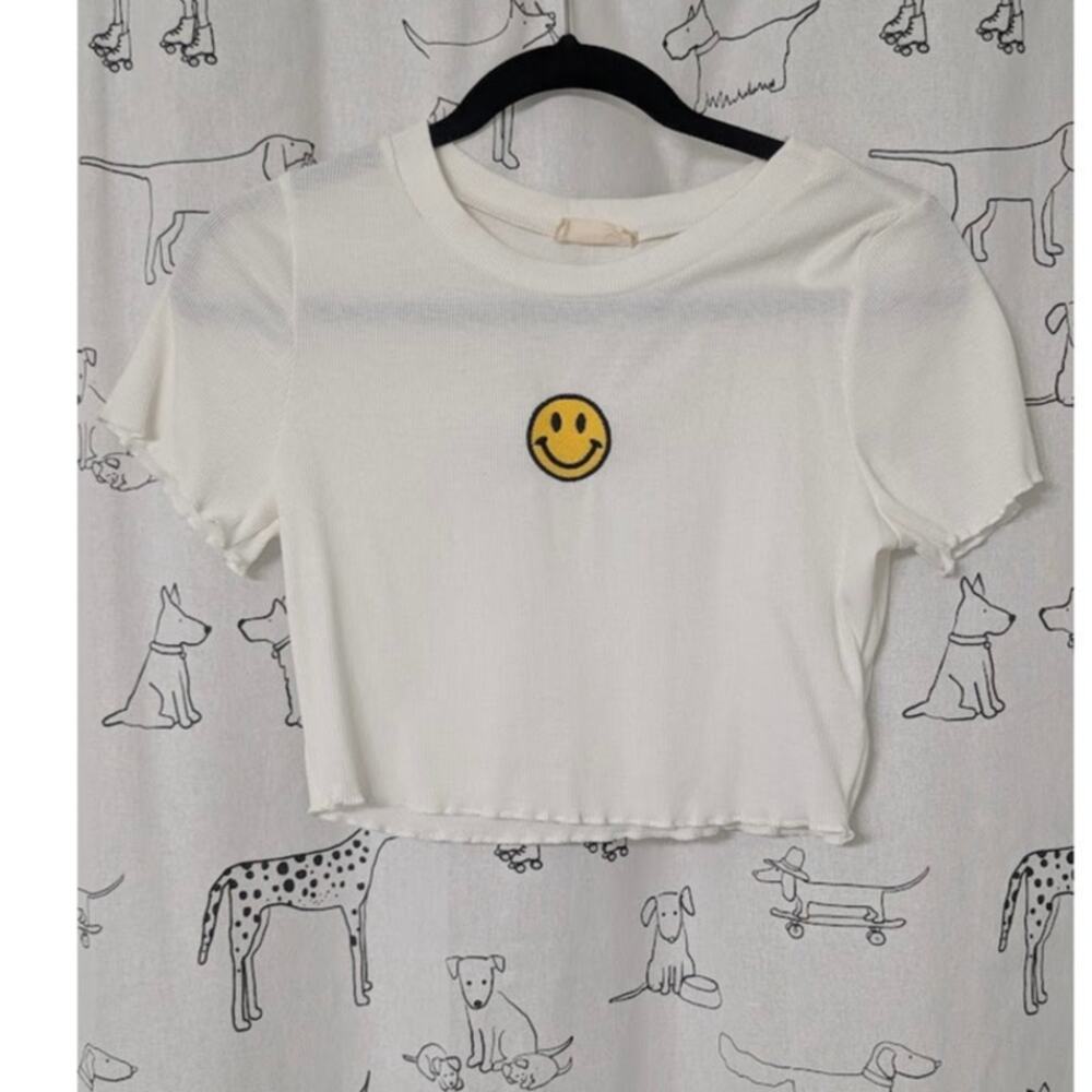 Altar'd State Womens Baby Doll Tee Crop Top Smiley Face Y2K Rib Clueless Medium